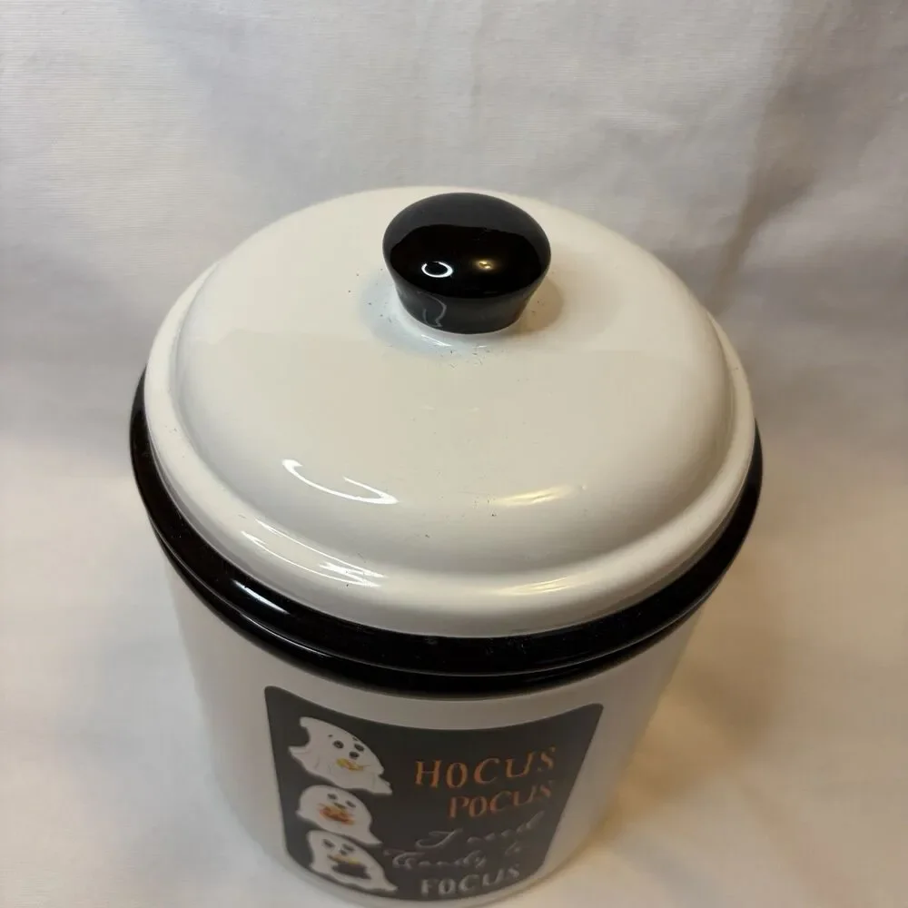 Halloween Hocus Pocus Ceramic Candy Canister & Lid 7.5” Ghosts Treats   Ashland
